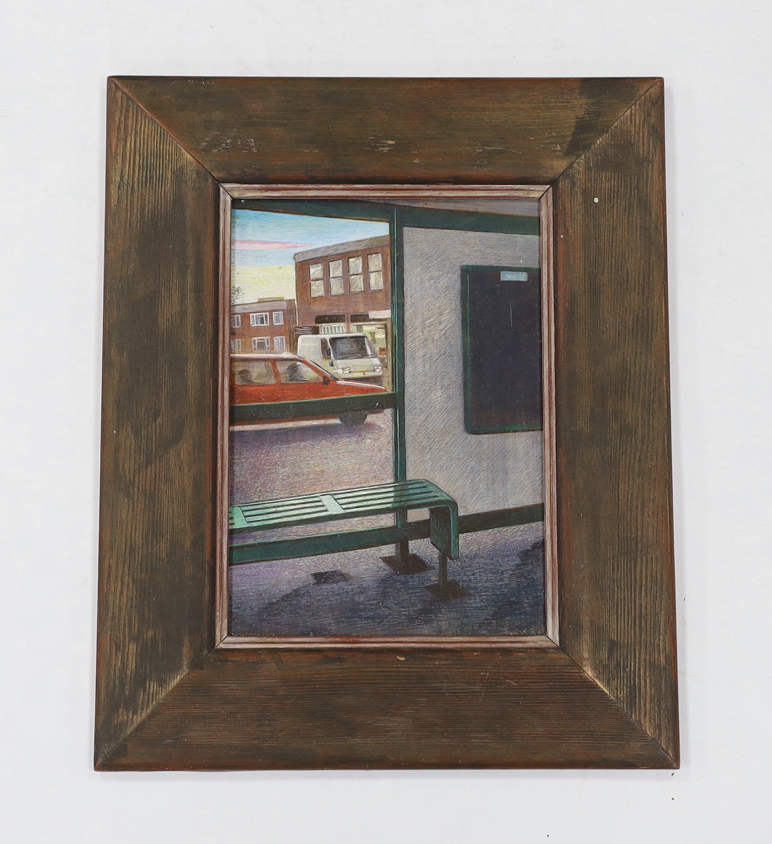 Peter Messer (Lewes artist, b.1954), egg tempura on gesso ground on board, Bus Stop before vehicles, signed, inscribed verso, 22 x 16cm